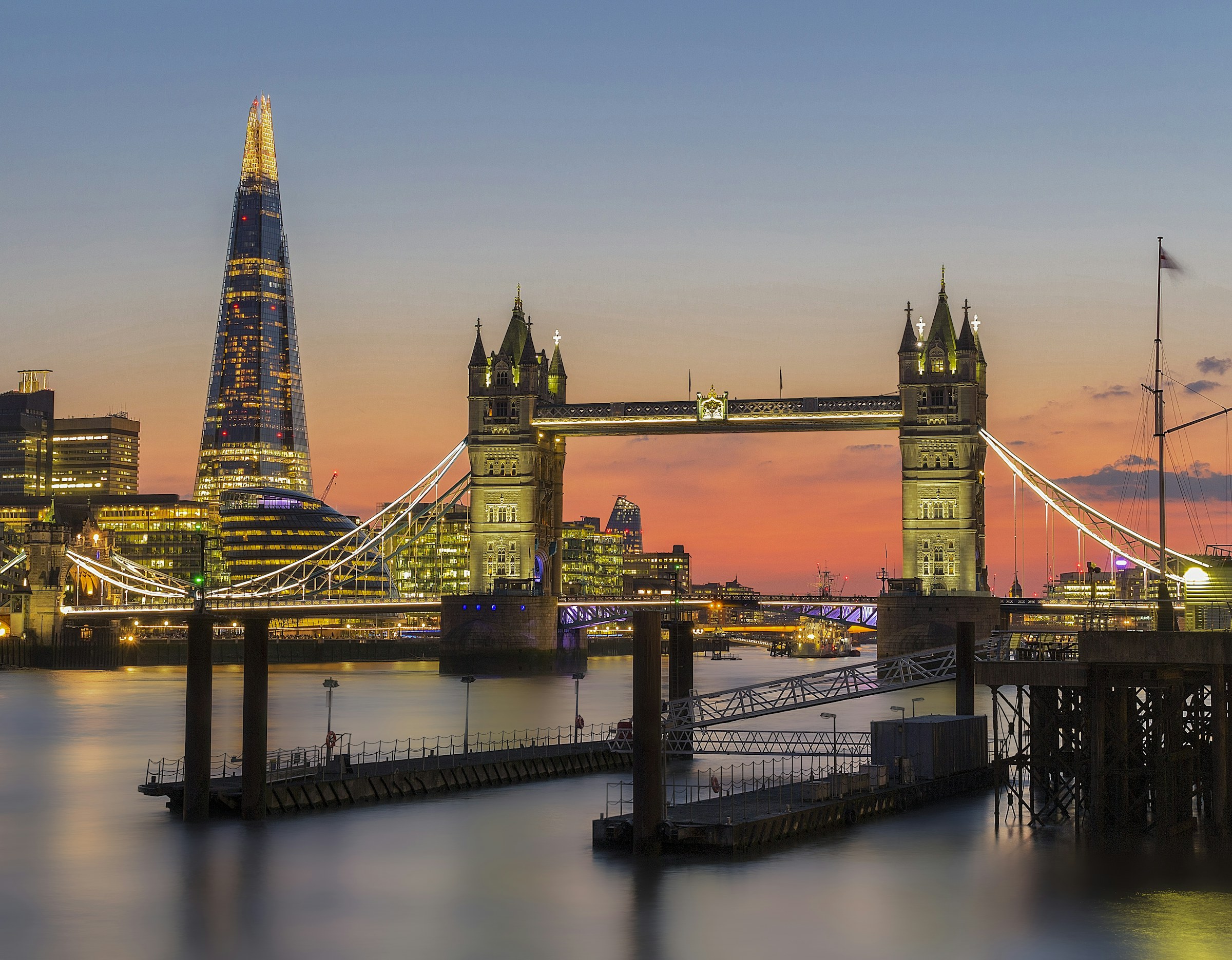 London skyline at dusk featuring Tower Bridge, The Shard and the City of London financial district
